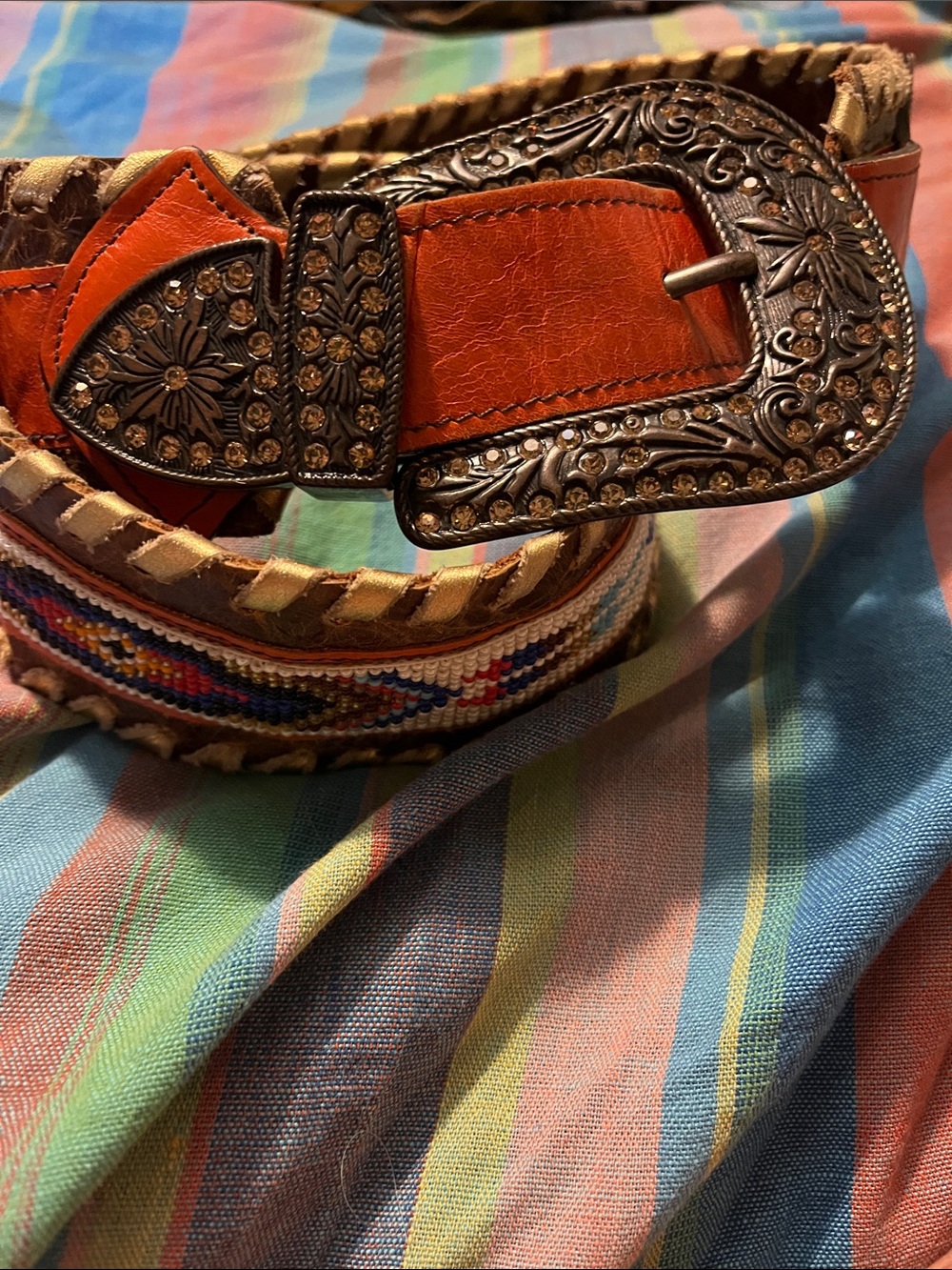 Kurtmen Orange Leather Western-Style Beltbeaded with Embellished Buckle